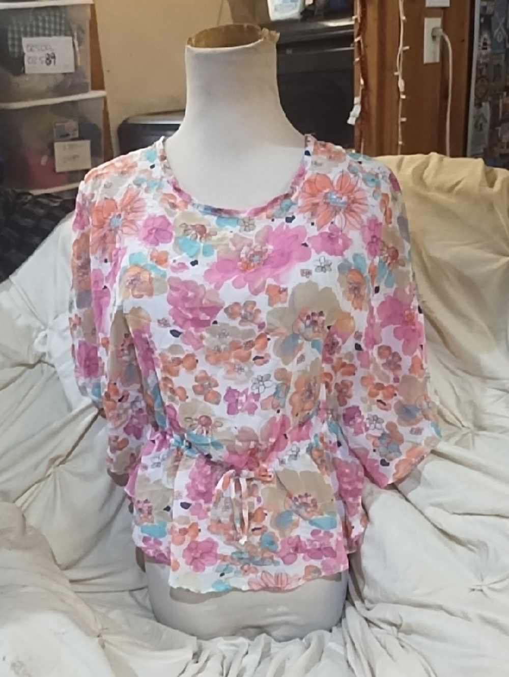 Beautees Floral Peplum Drawstring Blouse - Pink Multi